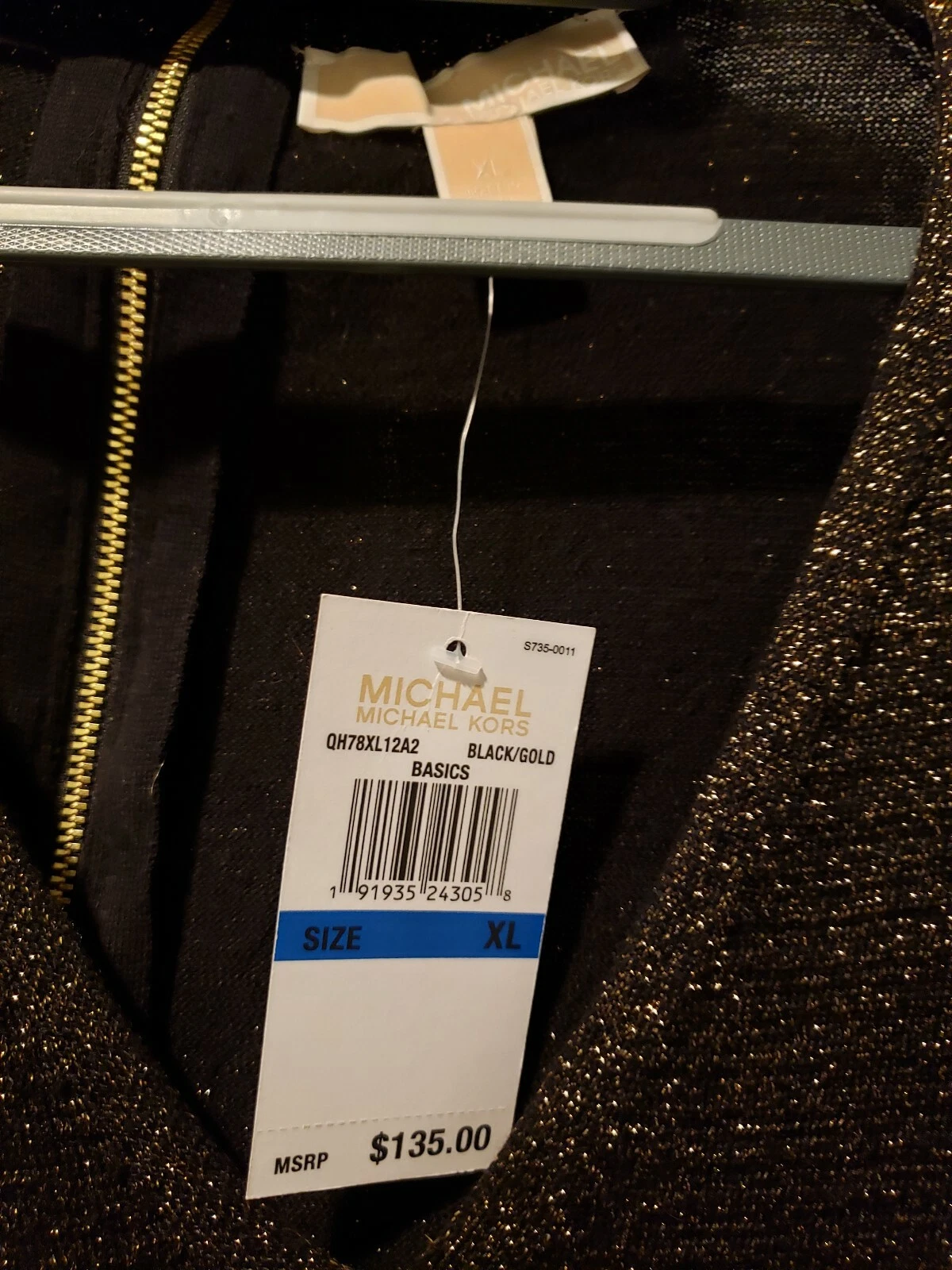 Abito Michael Kors girocollo scollo a V maglione metallizzato maglia nero oro nuovo con etichette