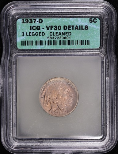 1937-D 3 Legged Buffalo Nickel ICG VF-30 Details Cleaned - Key Date!