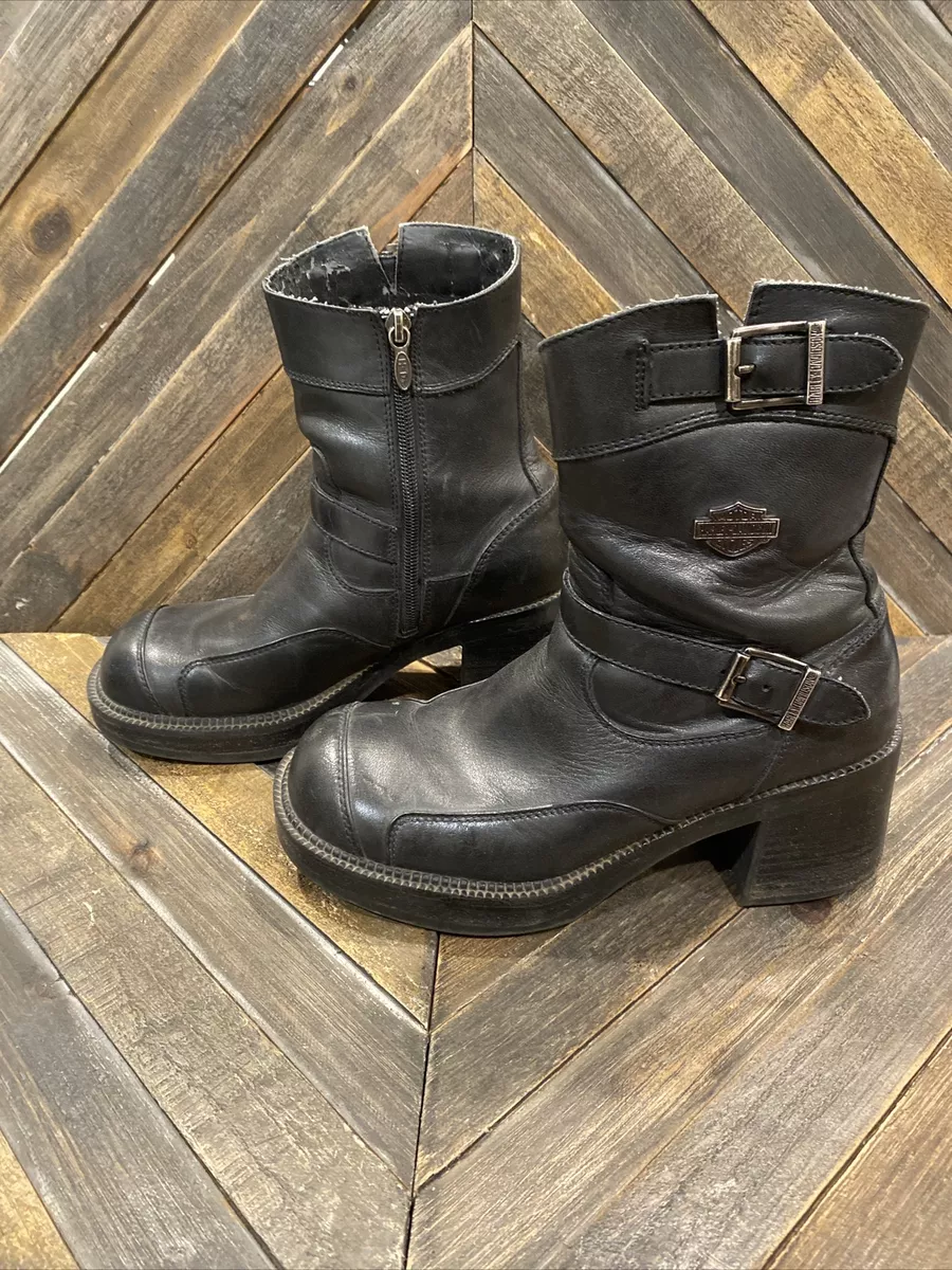 WOMENS HARLEY DAVIDSON BLACK LEATHER MOTORCYCLE ANKLE BOOTS SIZE 7 1 2
