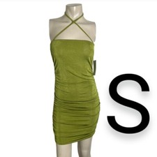 🆕Green Stretchy Side Ruched Halter Mini Dress~Size S