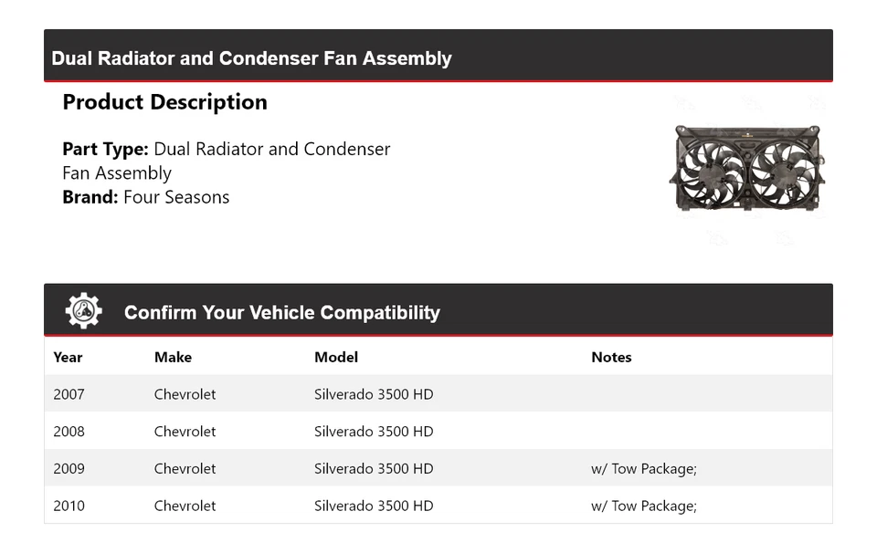 Conjunto de ventilador de condensador/radiador doble 4 estaciones para Chevrolet Silverado 3500 HD 07-10 Foto 2 de 4