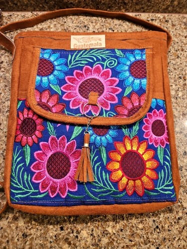 Borsa donna Guatemala a tracolla borsetta multicolore ricamata floreale scamosciata boho - Foto 2 di 11