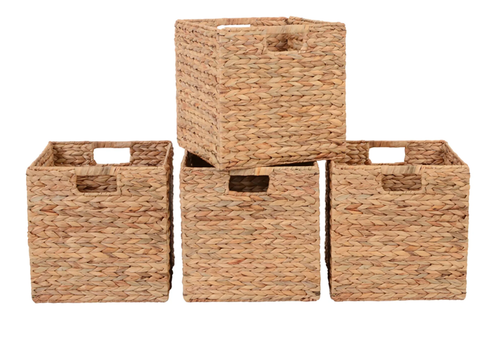 11.8 Inch Natrual Water Hyacinth Foldable Cube Baskets, Set of 4