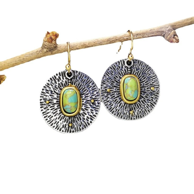 Pendientes de plata gancho circular turquesa verde retro bohemio hechos a mano europeos Foto 4 de 4