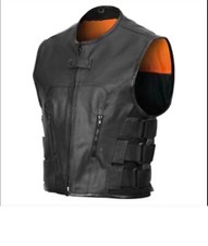 Swat Style Cow Hide Black Leather Vest For Motorcycle