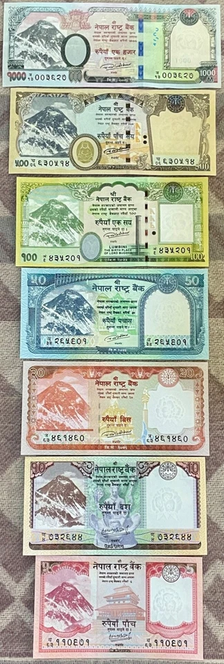 🔥 Juego Completo "NUEVO" de 7 Billetes Moneda Nepal 5-1000 Rupias Monte Everest NUEVO SIN CIRCULAR Foto 3 de 4