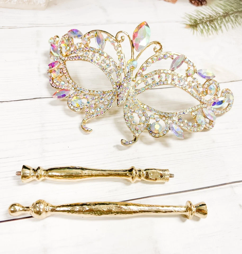 Masquerade Mask with Stick, Wedding Party Gold Stick Mask, Prom Crystal Mask - Image 2 of 4