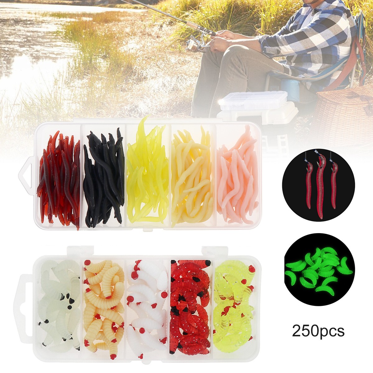 250pcs Earthworm Maggot Baits Soft Lures Set, Worms Trout Bass