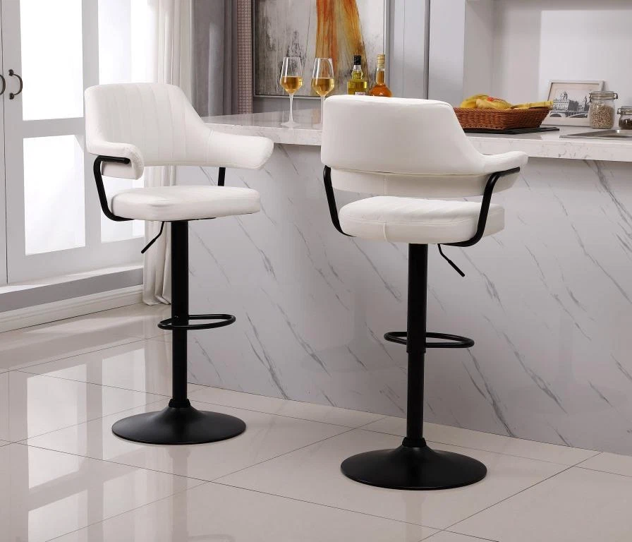 2 X PLUSH WHITE BAR STOOLS, GAS LIFT, BREAKFAST KITCHEN BAR PADDED ARMS & BACK