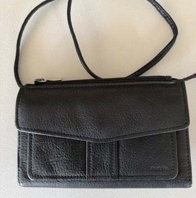 Genuine Fossil Black Leather Crossbody Wallet-on-a-String Bag