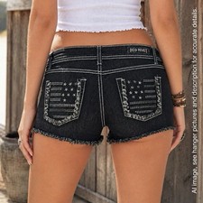 Vtg Red Rivet Denim Shorts Juniors 11 Rhinestones 32” Waist Low Rise Jorts