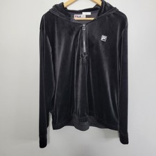 Fila Womens Velour Hoodie XXL Black Sweatshirt Athleisure Tracksuit Y2K