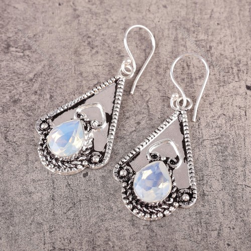Milky Opal Gemstone Elegant Anniversary Drop Engagement Boho Earrings 925 Silver - Picture 4 of 7