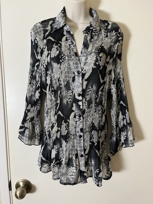 NOTATIONS Blouse 2XL Pleated Ruffle 3/4 Sleeve Button up Point Collar Slimming