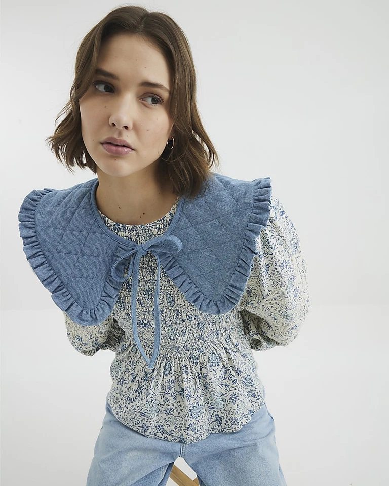 River Island Womens Collar Blue Denim Fabric Quilted Tied Fastening Accessory