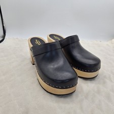 Swedish Hasbeens, Women's, 'Husband', Black Leather Wooden Clogs, EU 38, US 7.5