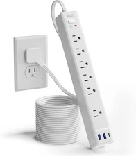 10Ft Extension Cord with Multiple Outlets, SUPERDANNY Flat Plug 10FT, White 