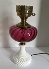Cranberry Red Swirl Glass & White Hobnail Milk Glass Table Lamp Vintage EUC