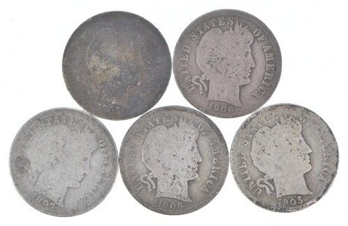 Better Lot 5 1903-O 1906-D 1897 1906-D 1905-O Barber Dime 0.50 Face *218