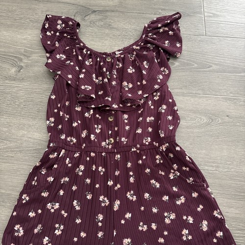 Justice Girls Jumpsuit size 10 Purple Floral Short Sleeve ruffle pockets - Picture 4 of 8