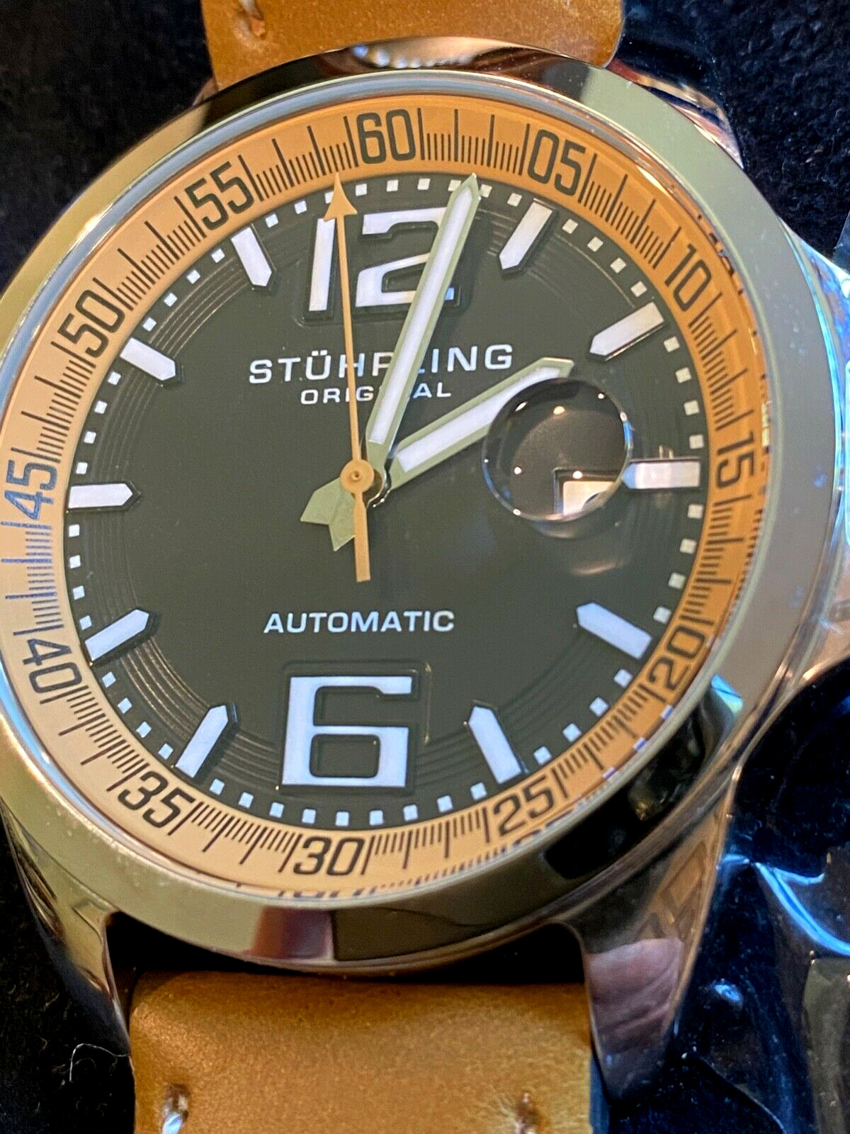 Stuhrling Original Aviator/Pilot-Style Automatic Date Watch on Leather Strap