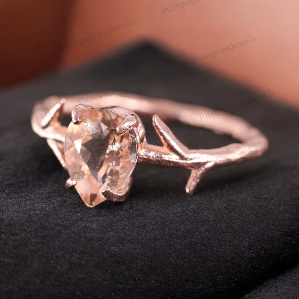 925 Sterling Silver 7x5 mm Pear Shape Natural Morganite Ring Rose Gold plated - Image 3 of 4