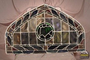 Vintage Stained Glass Window, Salvaged, Arched Panel w Palm Detail 63.5"W x 39"H