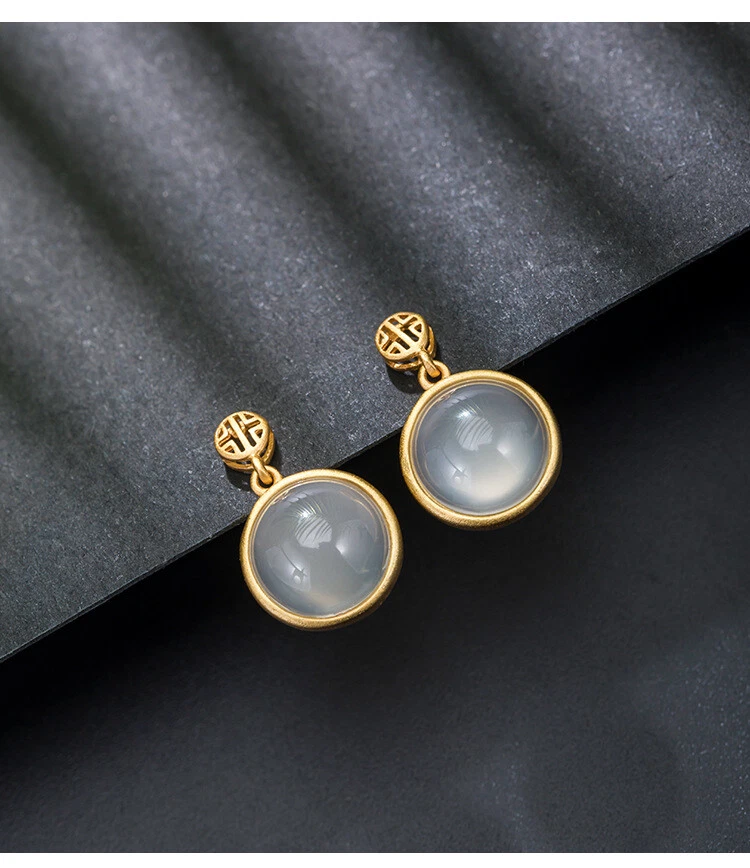 I04 Orecchini Rotonde Bianca Calcedonio Argento Sterling 925 Placcato Oro - Immagine 4 di 4