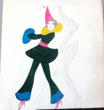 Original Vintage watercolor & black ink painting of dancing lady in party hat