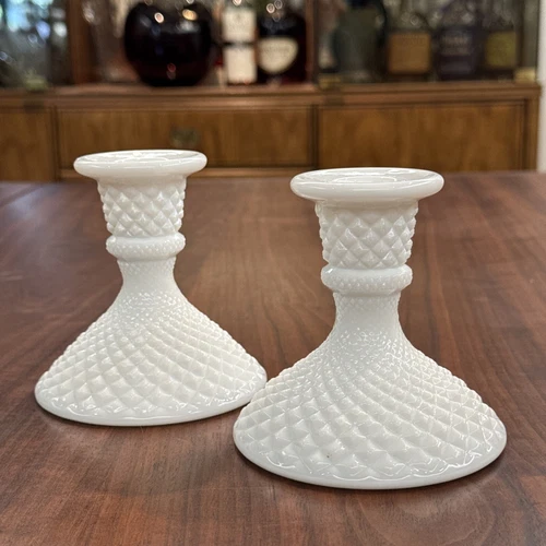 Vintage Westmoreland Milk Glass Diamond Point Candlestick Holders - Set (2) 4 In