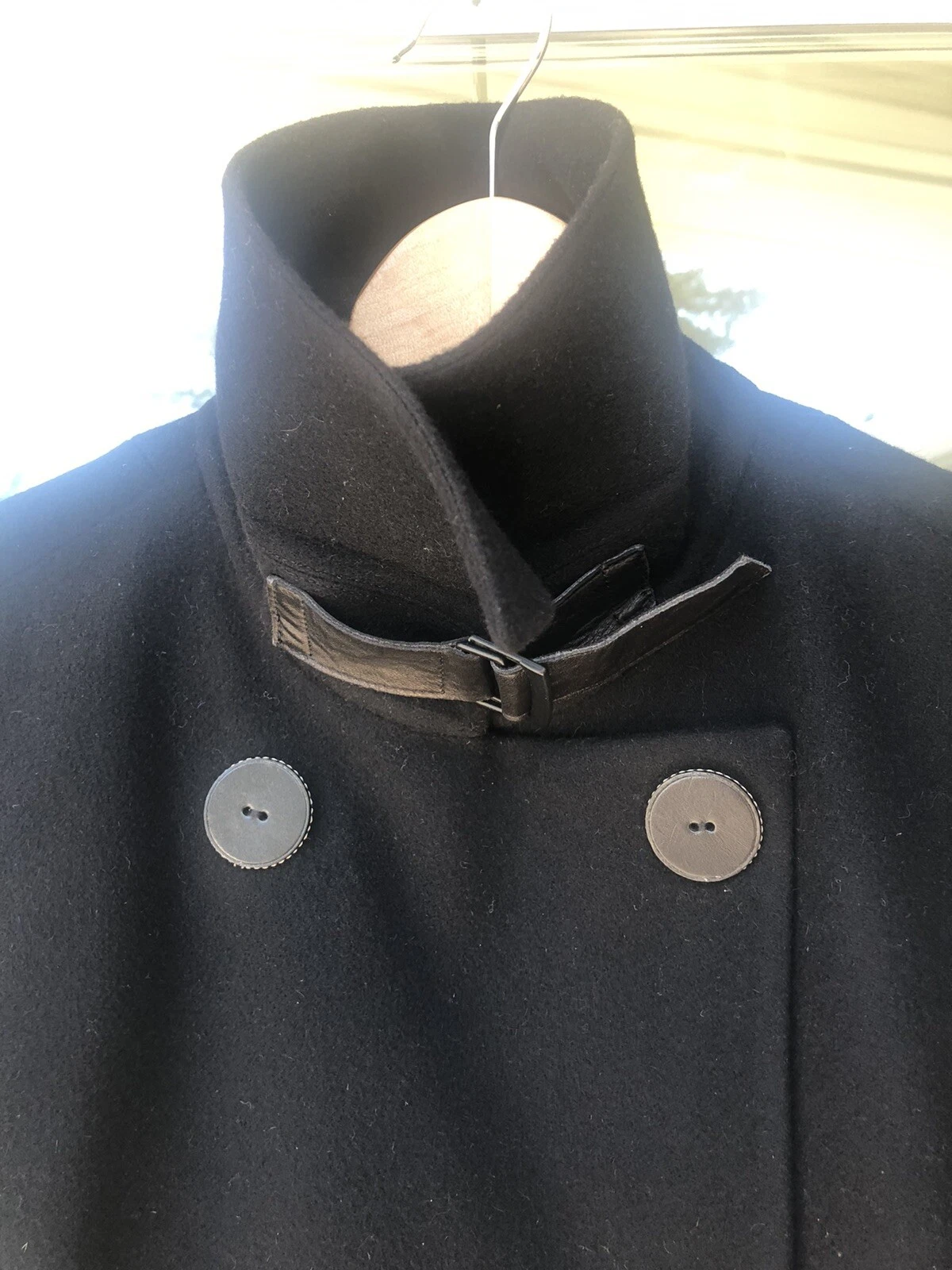 AKRIS 12 Wool Cashmere Funnel Neck Double Fleece Black Coat Leather Trim $3490
