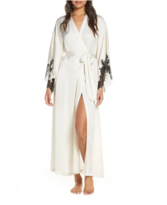 Natori Lamour Satin & Lace Beige Robe L112560 Size Large