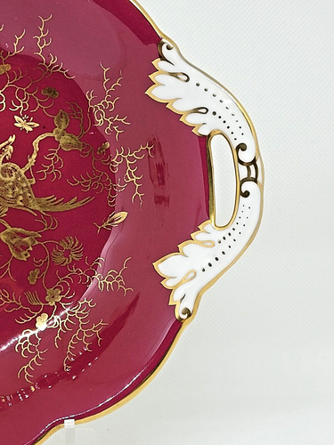 Vintage Coalport Cairo Red Gold Bon Bon Display Dish Bowl Crimson Twin Handle - Picture 4 of 9