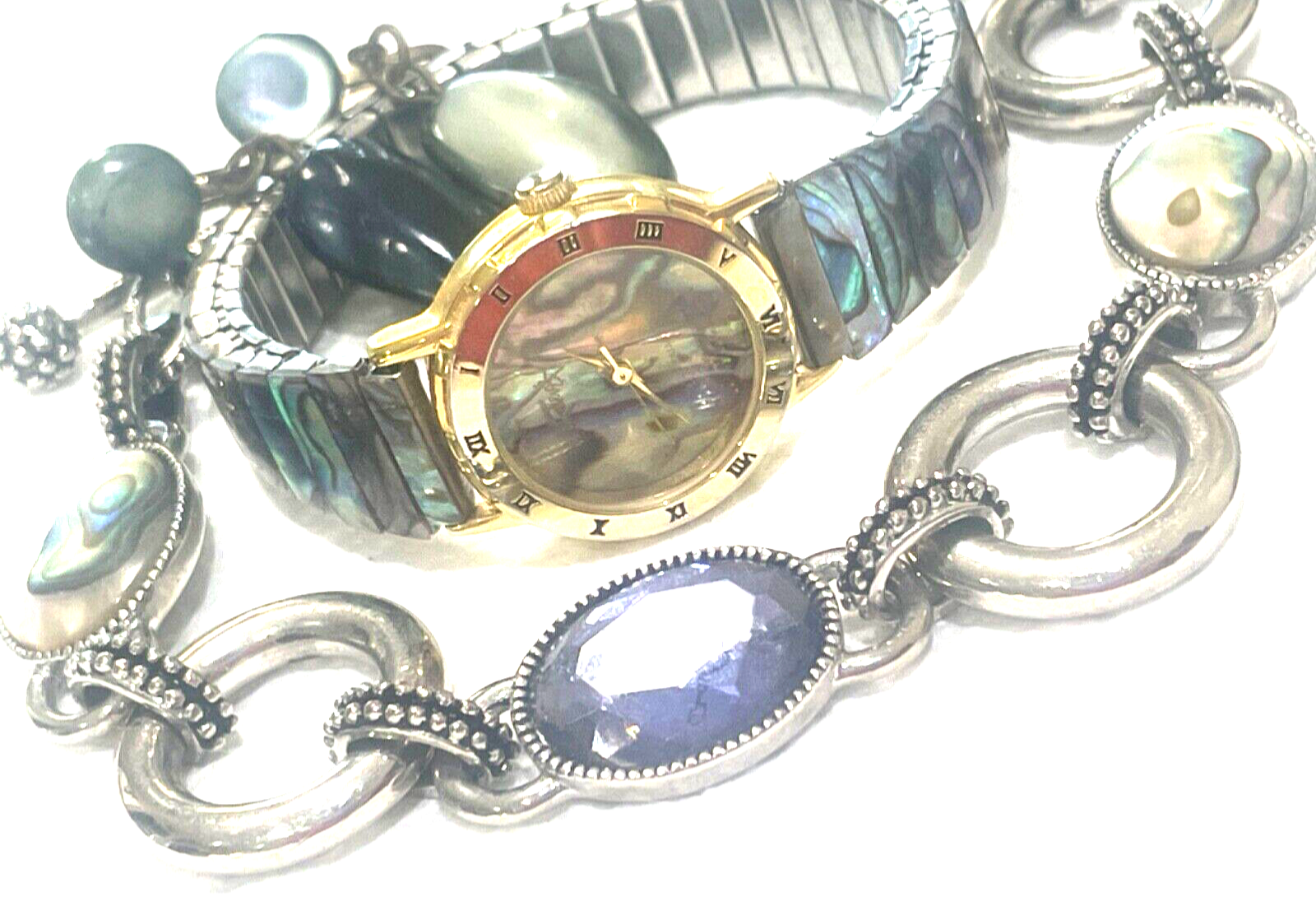 Vtg FABERGE’ Abalone Opal Gem WATCH LOT Lia Sophia SILVER BRACELET antique EARRG