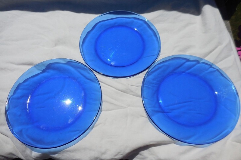 Set of 3 Cobalt Blue Glass Salad Lunch Plates  7 1/2"