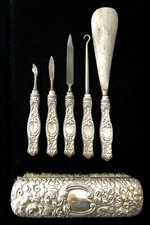 Vintage Gorham Whiting Sterling Silver Floral Repousse Dresser Vanity Set 6 Pcs