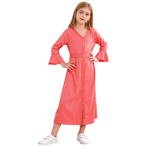 Kids Girls Dress Maxi Swing V Neck A-Line Skater Costume Party Role Play Plain - Picture 44 of 54