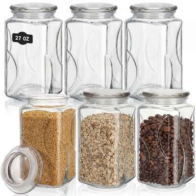 6 Set 27oz Square Glass Storage Jars with Airtight Seal Lids Clear Pantry Con...