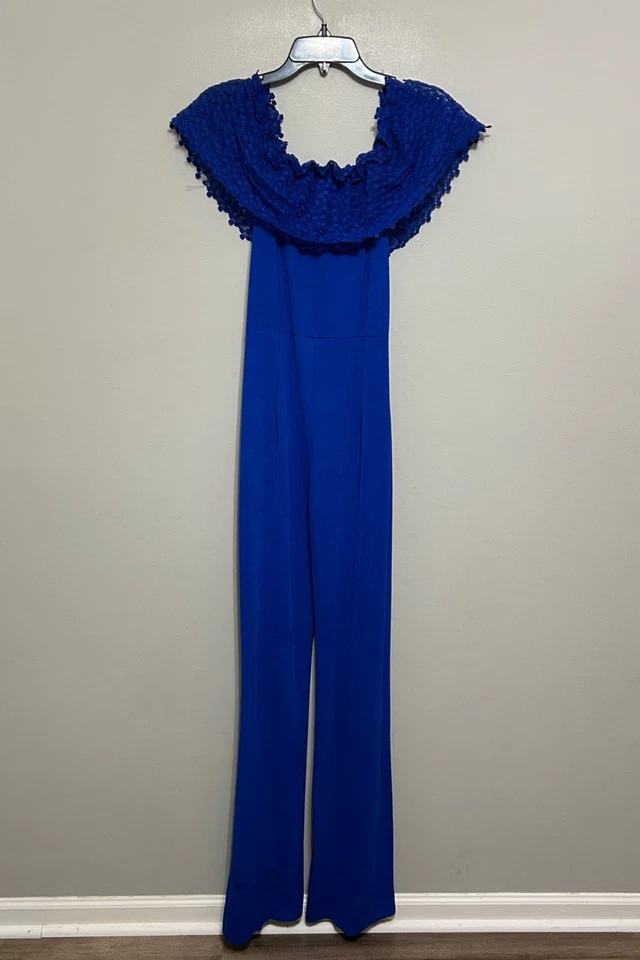 Women's Wide Leg Jumpsuit L Blue Crochet Off Shoulder Sleeveless Casual Romper - Image 4 of 4