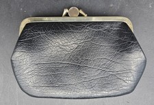 Vintage Black Leather Double Kiss Lock Coin Purse Change Purse w/ Zipper Pocket