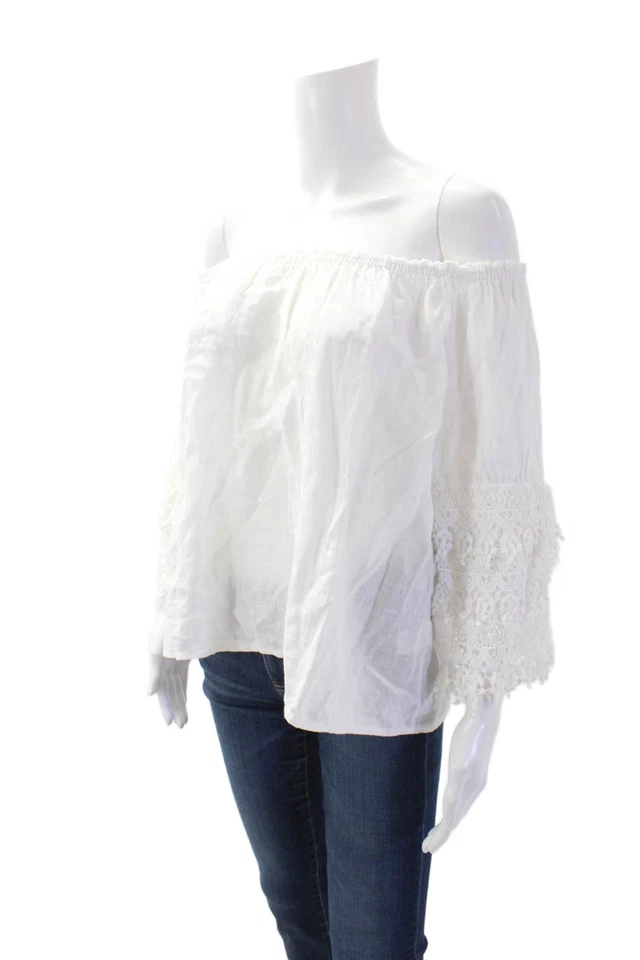 Blusa Saks Fifth Avenue Mujer Lino Floral Encaje Fuera del Hombro Blanca Talla S Foto 2 de 4
