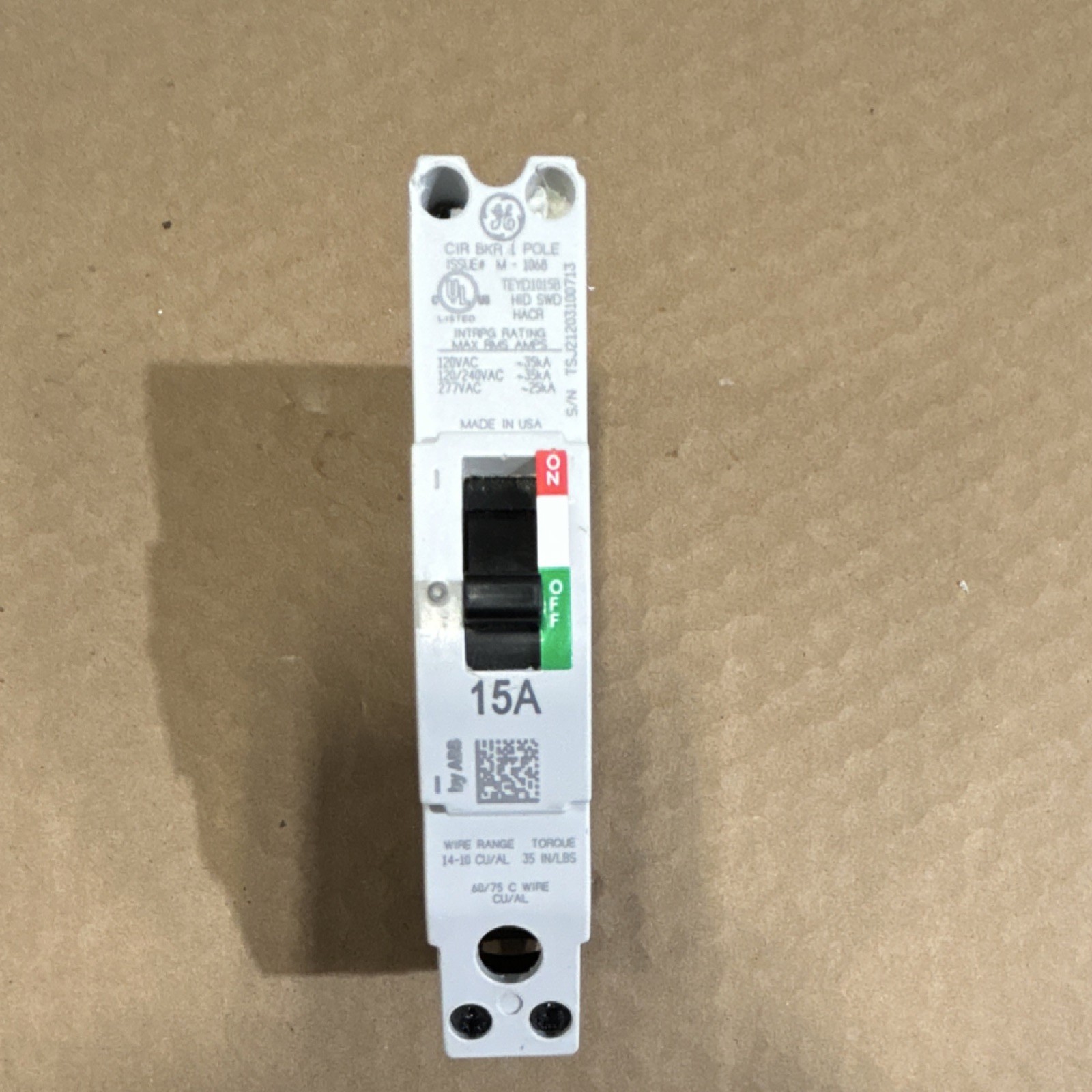 GE TEYD1015B 15A 1-Pole Circuit Breaker 120/240V HACR Bolt-On