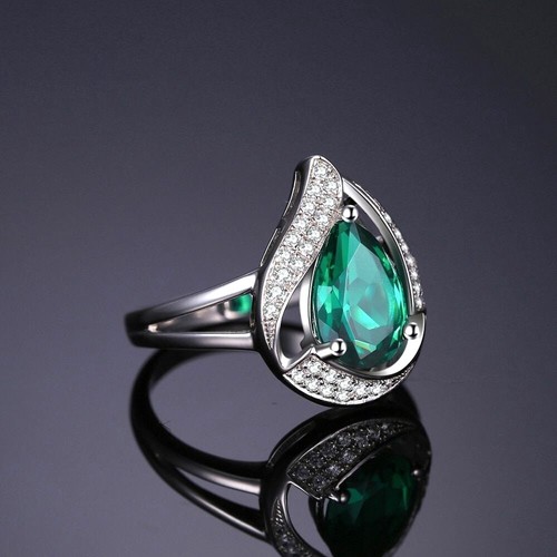 Sterling Silver 925 Ring Nano Russian Green Emerald CZ Pear Cut Lab-Created - Picture 2 of 8