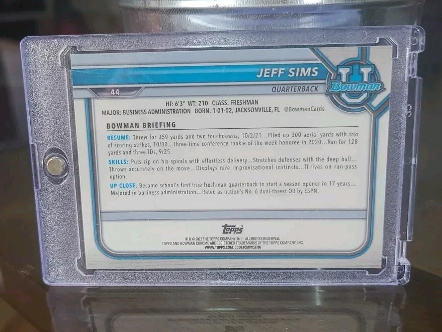 2022 Bowman 1st Jeff Sims Green Shimmer Chrome Refractor RC /99 - Image 2 of 2