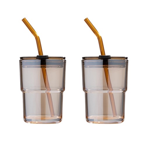 2 Pack 13oz/400ml Tumbler Water Glass, Glass Coffee Cups with Lids and Straws...