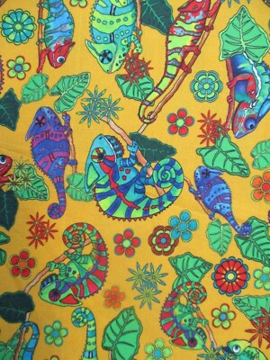 CHAMELEON CHAMELEONS REPTILES BRIGHT YELLOW DIGITAL COTTON FABRIC FQ 