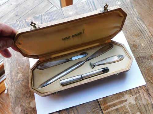 Sterling Silver French Fountain Pen Set-Beautiful Condition/Flex Nib
