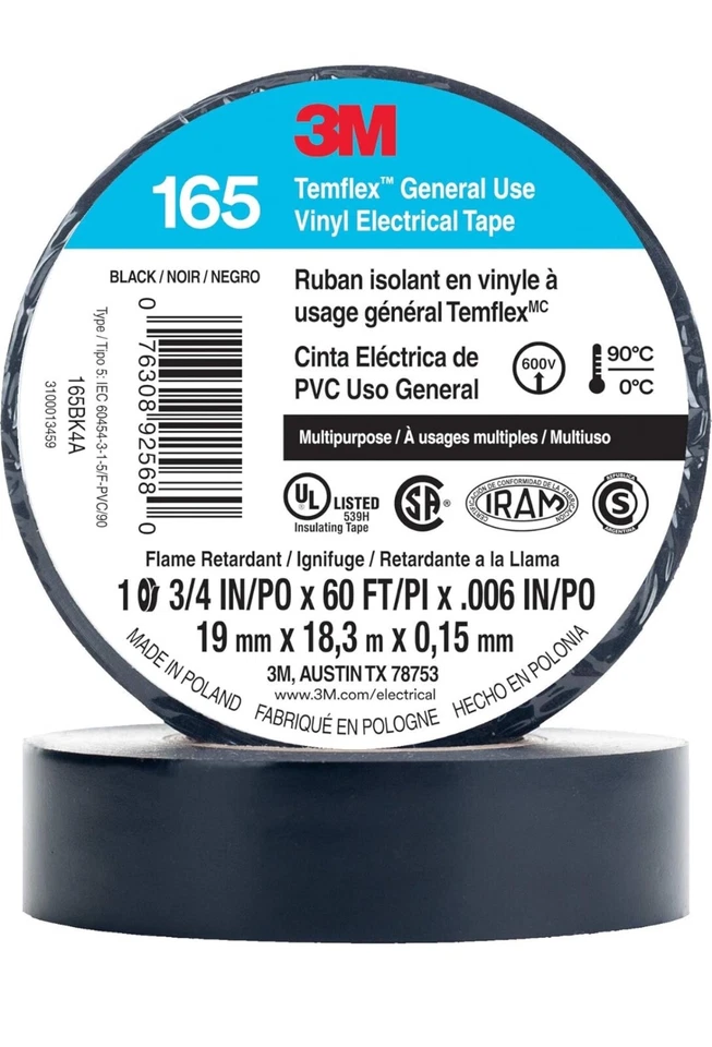 Cinta eléctrica de vinilo 3M Temflex 165 multiusos 3/4" X 60 pies negra 100 rollos Foto 2 de 3