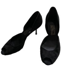 Salvatore Ferragamo Heels Peep Toe 9 B Black Suede Leather Shoes Pumps