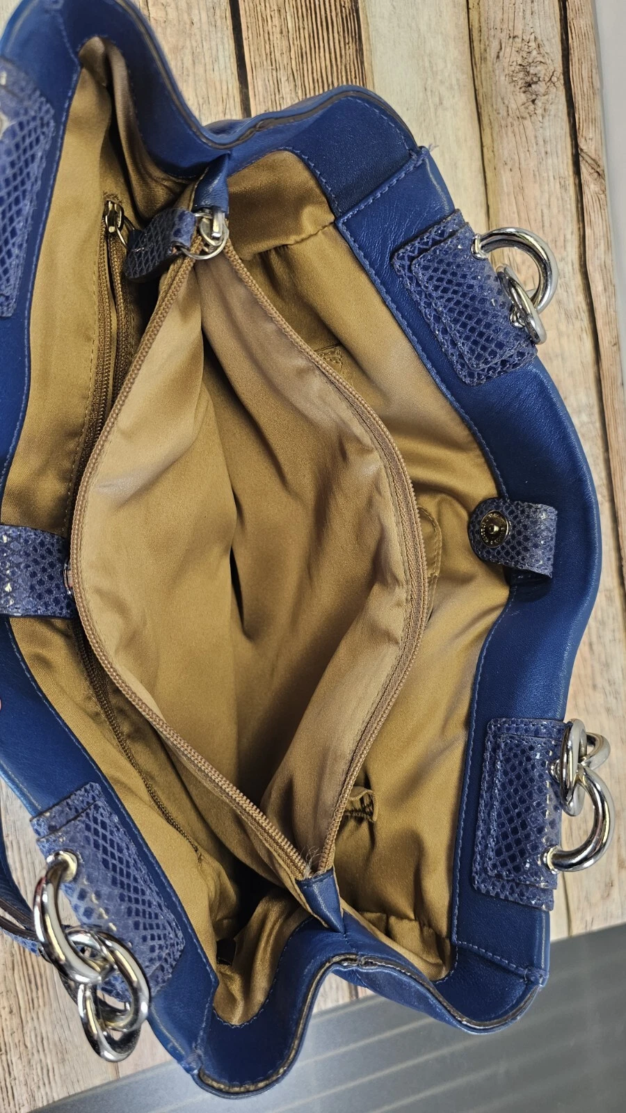 COACH Penelope Blue Leather Snakeskin Accent Satchel Tote Bag F16531 Turn Lock